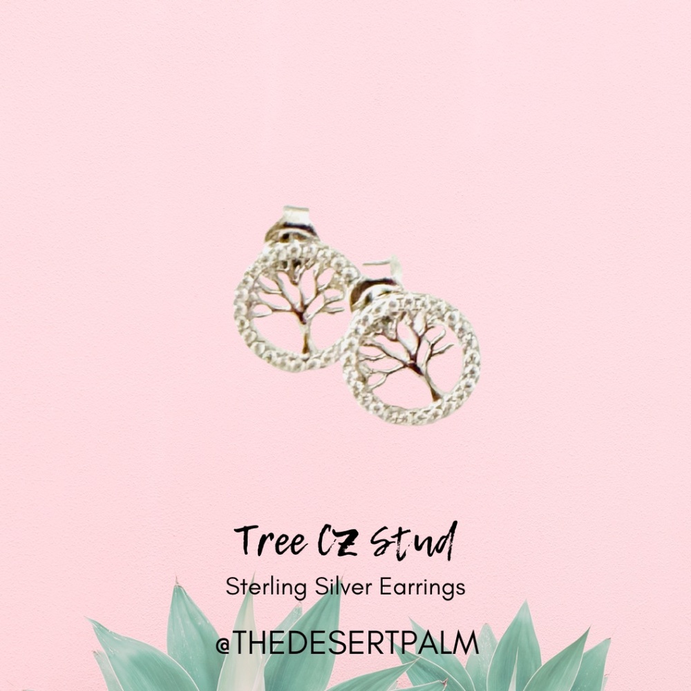 Sterling Silver Tree of Life CZ Stud Earrings | Sparkly Nature Studs